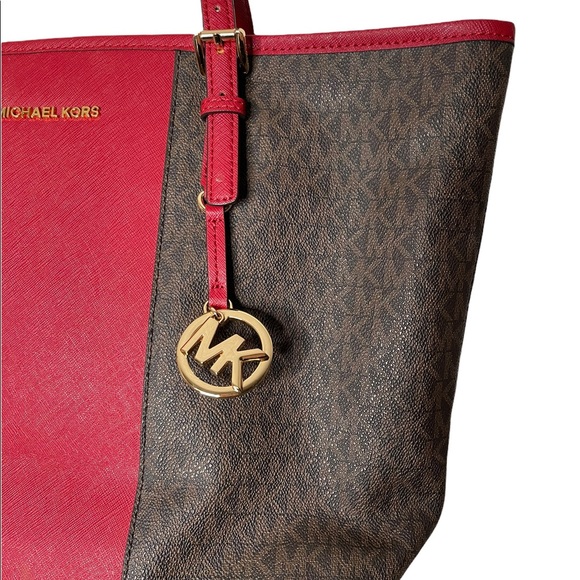 Michael Kors Jet Set Travel Medium Carryall Tote Brown MK Signature Scarlet Red - Picture 10 of 12